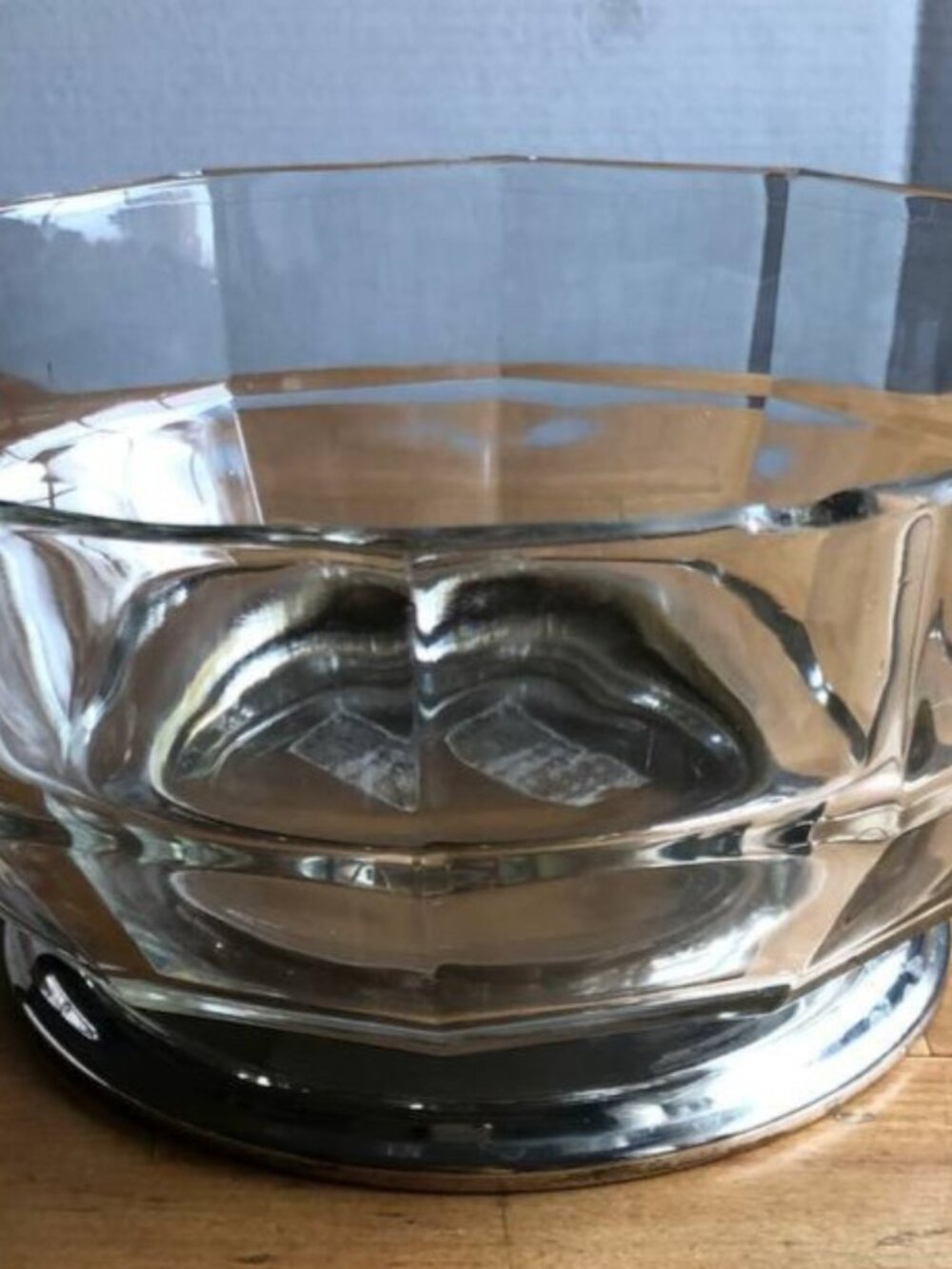 Vintage Heavy Cut Glass Salad Bowl Silver Tone Metal Base Serving Bowl
